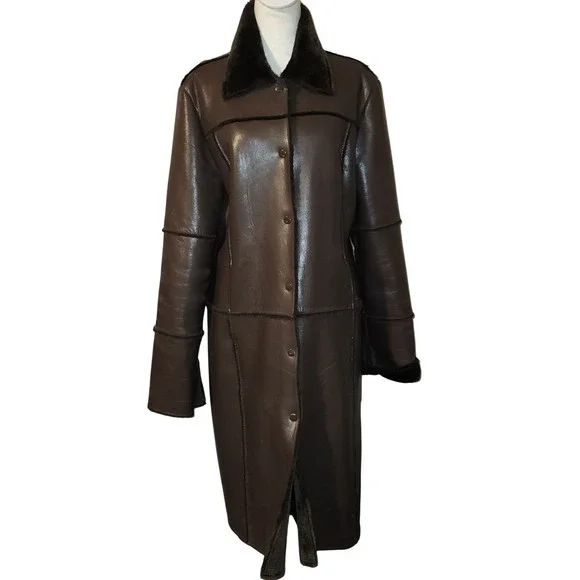 Pele For Outerwear Brown Faux Shearling Leather Long Coat Womens Size Large - Picture 1 of 10